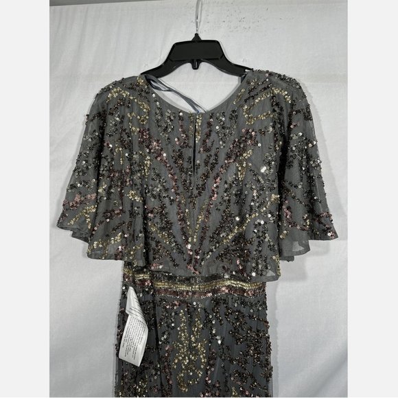 NWT $698 Mac Duggal [‎ 8 ] Cape Sleeve Embellished Gown in Charcoal Multi Gold - Picture 11 of 15